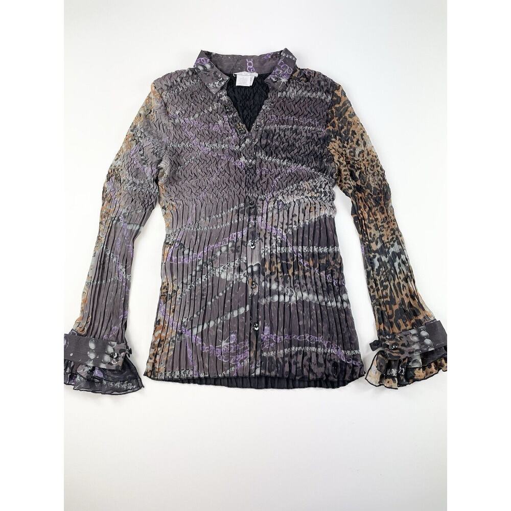 ALBERTO MAKALI Size Large Blouse Crinkle Long Sleeve Sheer Lace Abstract Black
